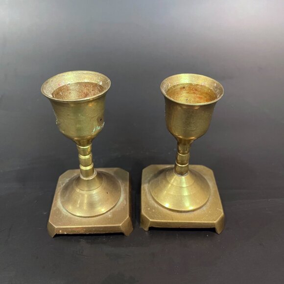 Solid Brass Candle Stick Holders Set of 2 Small 1.75” x 3" Vintage India - Picture 2 of 5